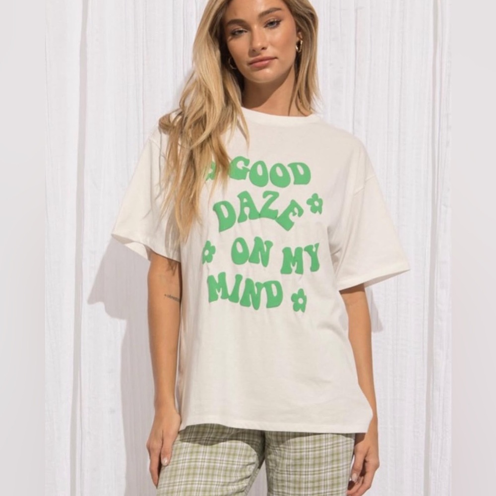White T-Shirt with Green bubble print good daze on my mind. Oversized style